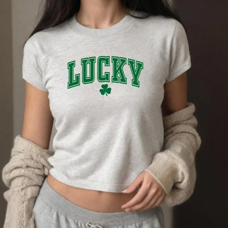 Varsity Lucky 4 Leaf Clover Baby Tee, Four Leaf Clover Baby Tee, St Paddys Tee, St Pattys Day Tee, y2k baby tee, St Patricks Day Crop