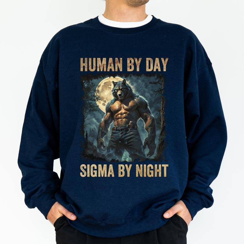 Vintage Human By Day Sigma By Night Sweatshirt For Men, Retro Wolf Meme Crewneck, Funny Long Sleeved Pullover, Werewolf Men's Sweater