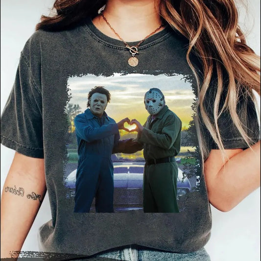 Vintage Jas0n and Michael Halloween Heart Hand T-Shirt, Michael Myers Halloween T-Shirt, Horror Killers Movie Shirt, Halloween Movie T-Shirt