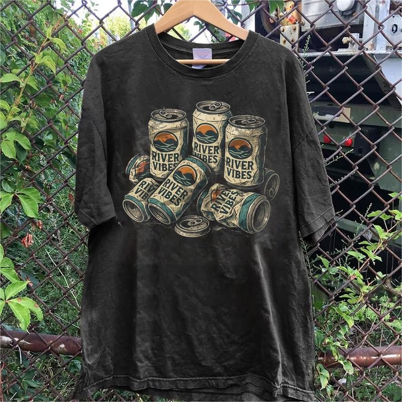 Vintage River Vibes Beer Can Graphic Tee, Outdoorsy Camping Shirt, Funny Drinking Shirt for Men and Women, Unisex Summer Partywear Top