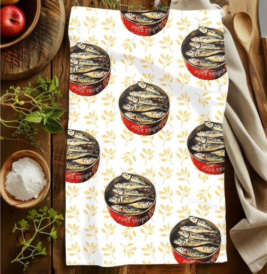 Vintage-Style Sardine Tins Fuck Trump Tea Towel Yellow Leaves Boho Kitchen Decor Anti Trump Gift Mom Unique Home Decor Anti Maga Hand Towel