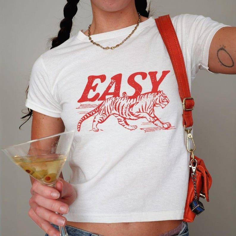 Vintage Tiger Baby Tee, Retro Inspired Easy Tiger Design, 90s Style Shirt, Y2K Fashion, Baby Tee, Cool Graphic T-Shirt, Unisex