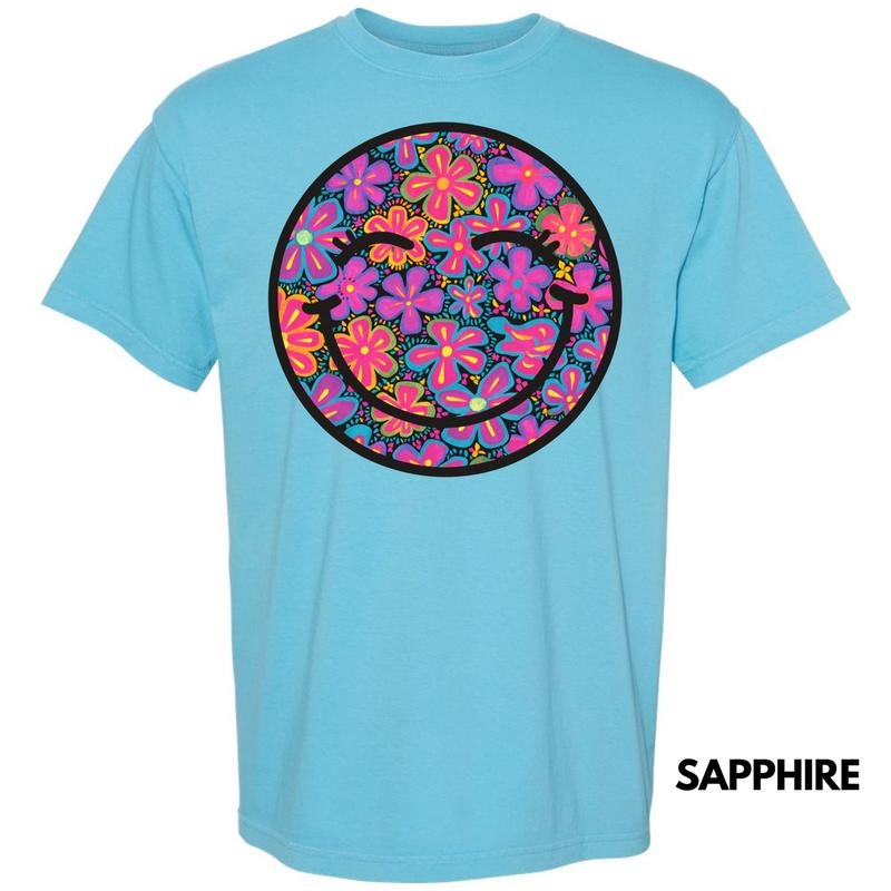 Vivid Neon Floral Happy Face Comfort Colors T-Shirt 'NLB'