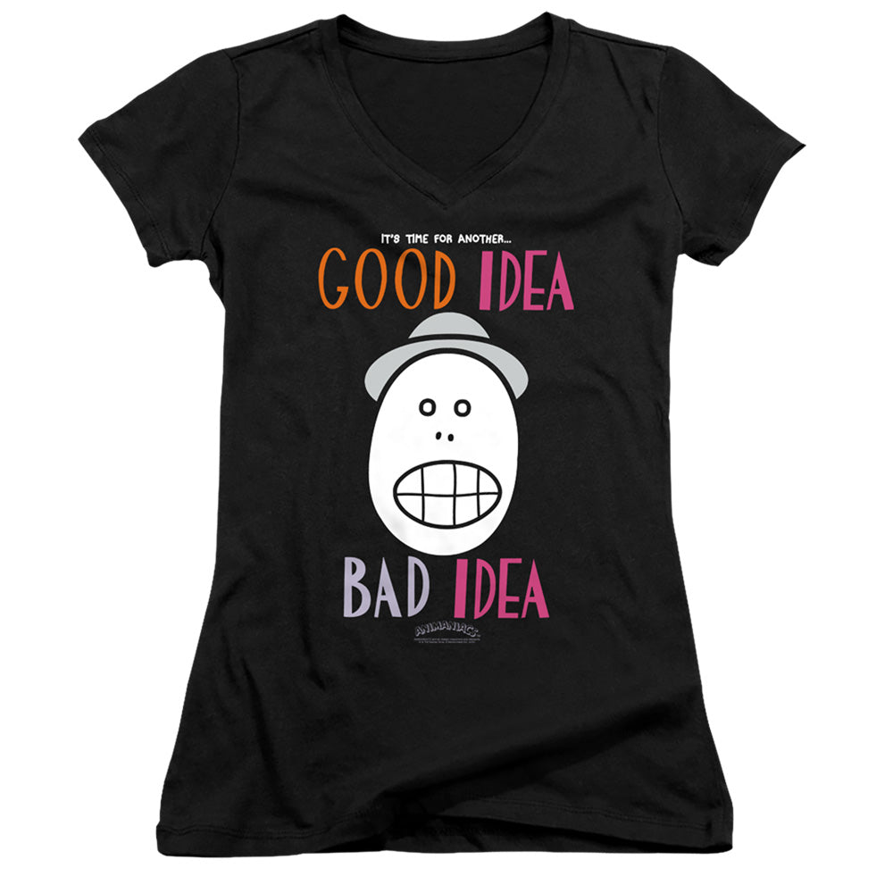 Animaniacs Good Idea Bad Idea Junior Sheer Cap Sleeve V-Neck Womens T Shirt Black - clothing by TeeHivey.com