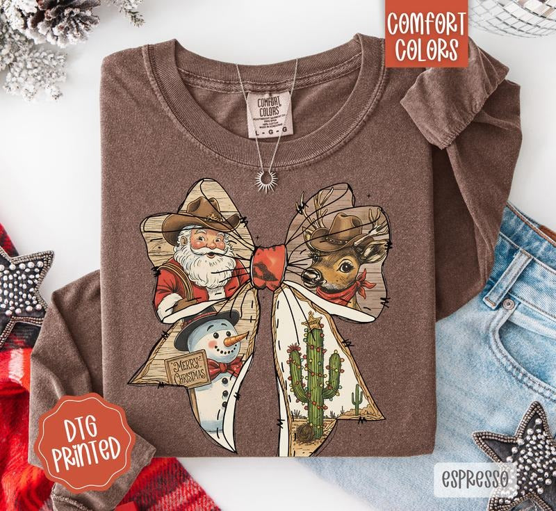 Western Christmas Bow Comfort Colors Long Sleeve T-Shirt, Cute Women's Holiday Tee