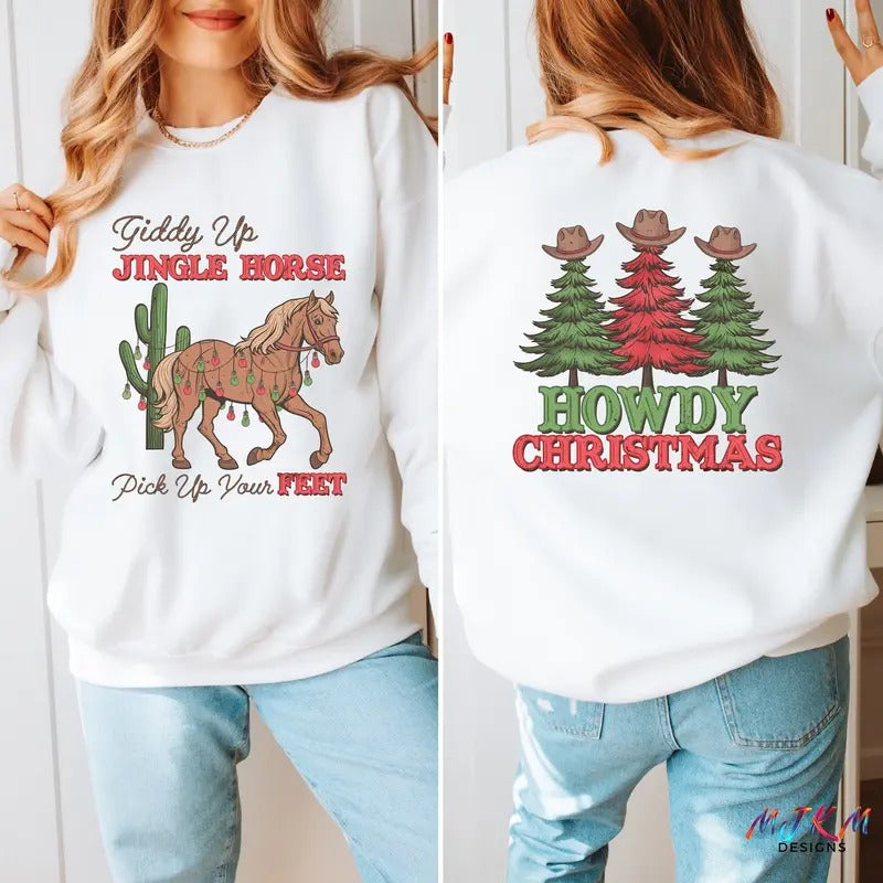 Western Cowgirl Christmas Sweater, Giddy Up Jingle Horse Pick Up Your Feet, Retro Xmas Shirt, Howdy Country Christmas Horse, Xmas Crewneck Sweater western christmas list