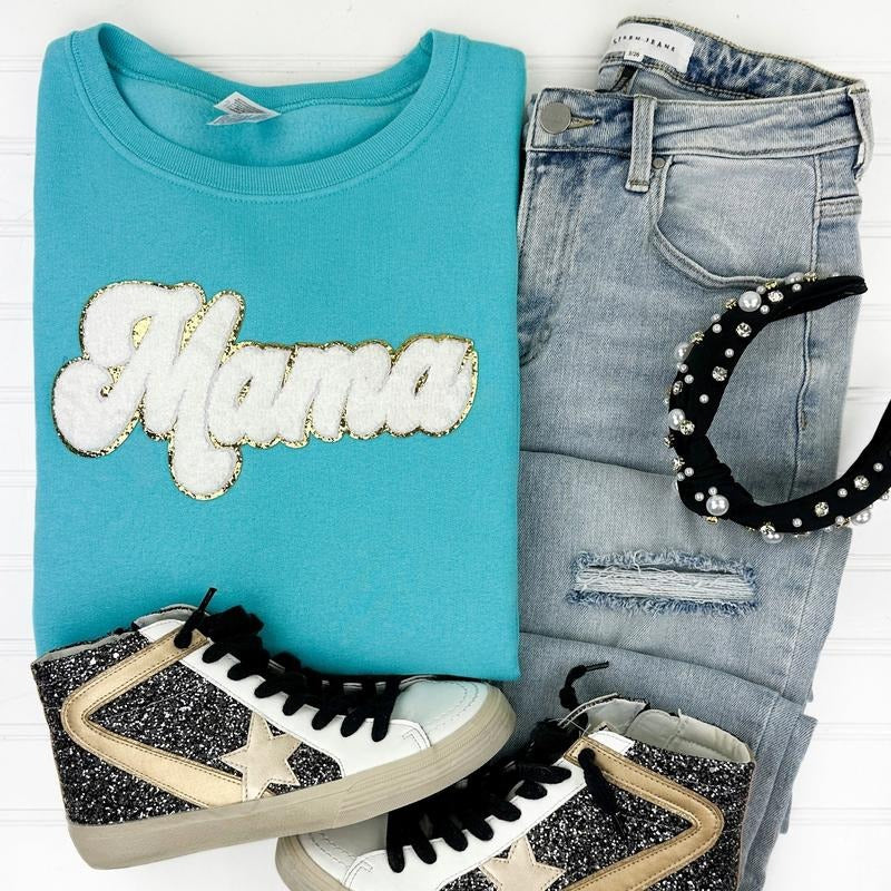 White Chenille Mama Patch Sweatshirt