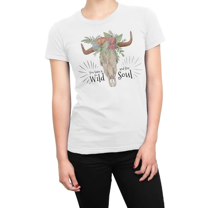 Wild and Free Soul Cow Skull Women's T-Shirt Casual Crewneck - clothing by TeeHivey.com