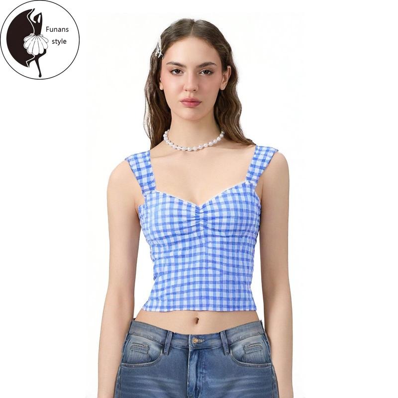 Women Camisole, Sleeveless Low-cut Backless Plaid Tops Lace TrimFit Summer Vest