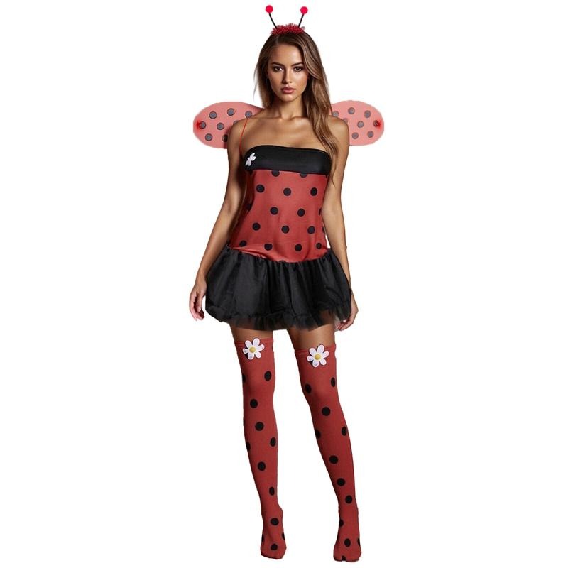Women Ladybug Costume Halloween Dress up Beetle Wings Bee Fairy Role Play Costume Outfit Dress Headband Leg Warmers