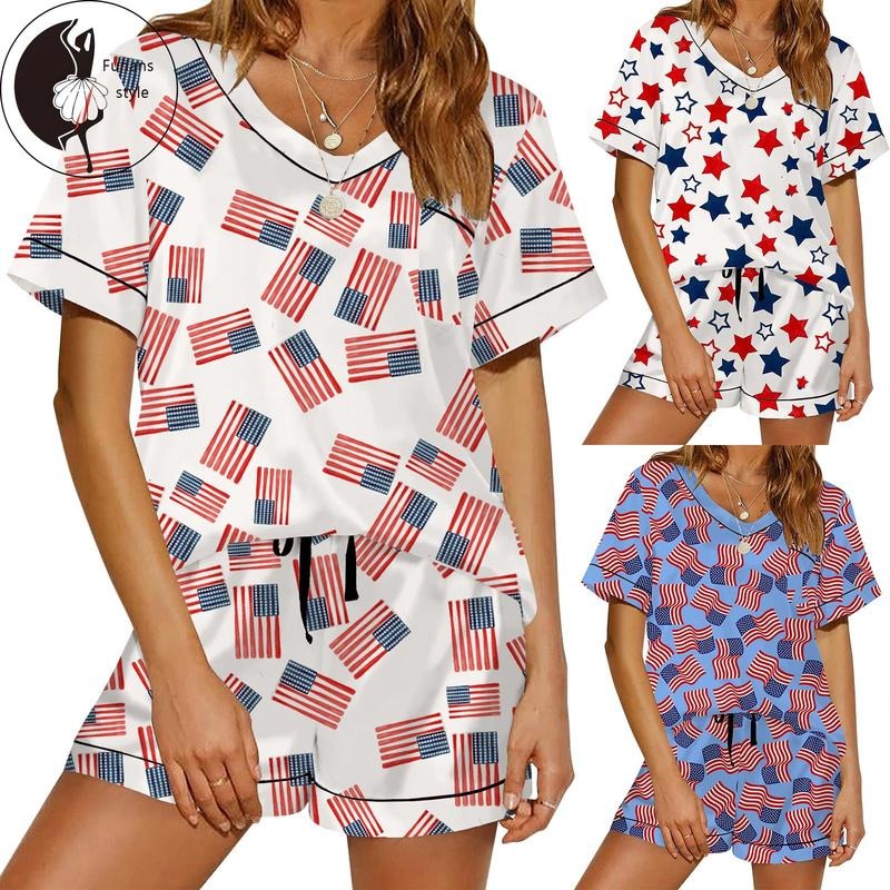 Women Pajama Set, Flags Stars Print Short Sleeve V-neck T-shirt with Shorts Sleepwear Loungewear