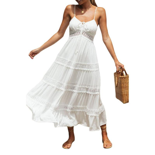 Women Summer Boho Dress, Sleeveless Hollow Solid Color Sling Spaghetti Straps Cake  Skirt Casual Polyester