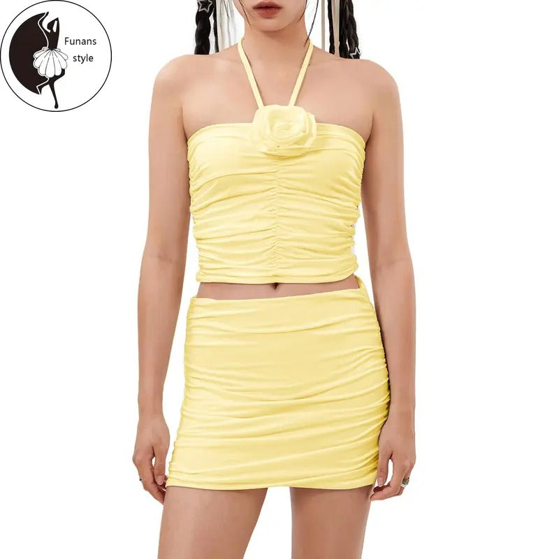 Women Summer Skirts Outfits Solid Color 3D Flower Ruched Tie-Up Halter Neck Tank Tops Mini Skirts 2 Pieces Clothes Set