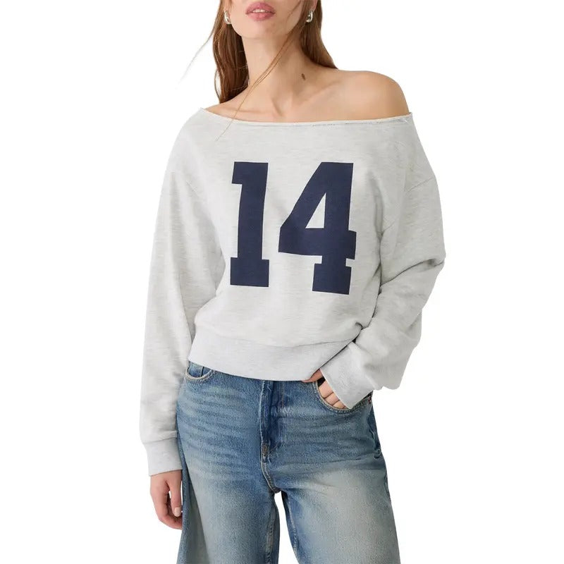 Women Sweatshirt, Long Sleeve Oblique Neck Numbers Print Hoodie Pullover Casual Tops