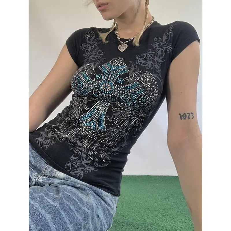 Women Tops, Short Sleeve Round Neck Elastic Rhinestone Retro Casual Party Street Fall Spring Summer Tops Womenswear Everyday