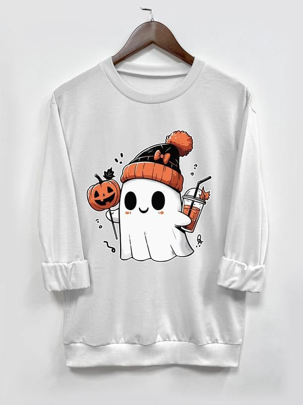 Women's Cartoon Ghost & Pumpkin Print Drop Shoulder Sweatshirt, Casual Long Sleeve Round Neck Pullover for Daily Wear, Ladies Fall & Winter Clothes