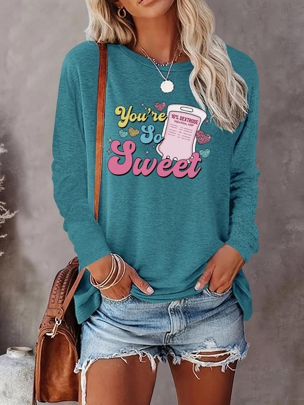 Women's Cartoon & Letter Print Round Neck Tee, Casual Long Sleeve Crew Neck T-shirt for Spring & Fall, Women's Top for Daily Wear