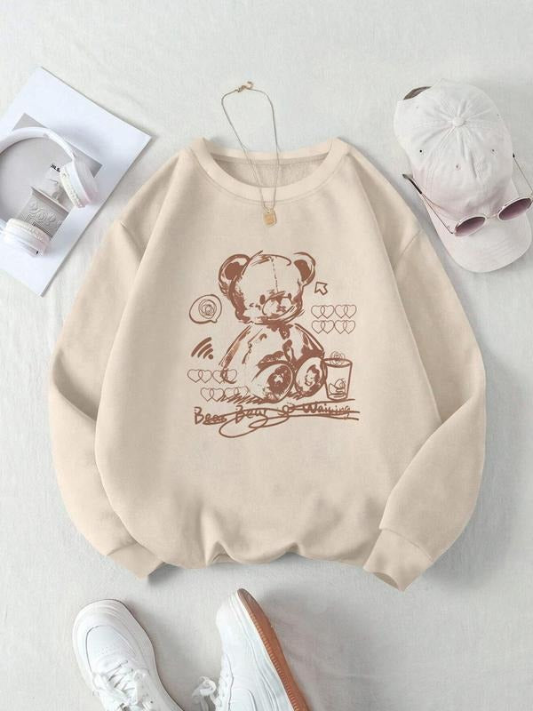 Women's Cartoon Bear Print Drop Shoulder Sweatshirt, Casual Long Sleeve Round Neck Pullover for Daily Wear, Ladies Clothes for All Seasons