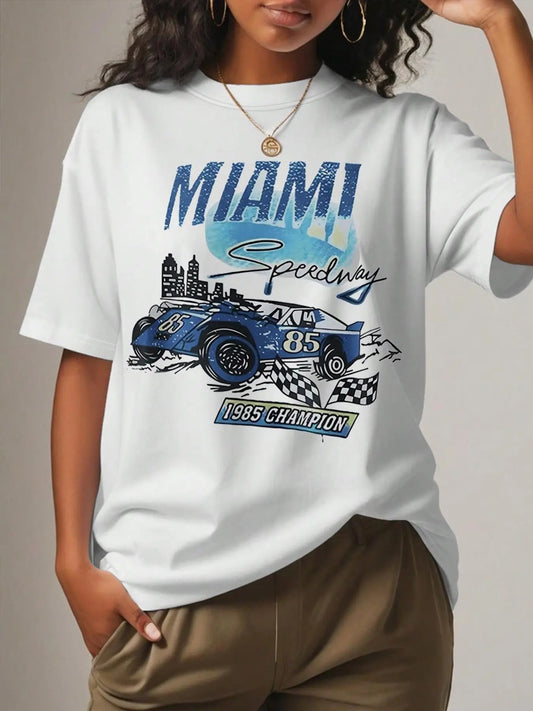 Women's Cartoon Car Graphic Print Round Neck Tee, Fashion Casual Short Sleeve T-shirt for Daily Wear, Ladies Summer Clothes