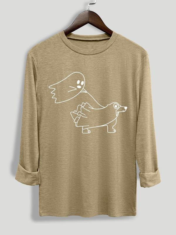 Women's Cartoon Ghost Print Round Neck Tee, Casual Halloween Long Sleeve Crew Neck T-shirt for Daily Wear, Ladies Clothing for All Seasons