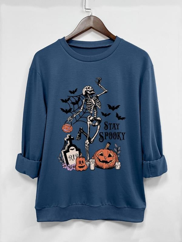 Women's Cartoon Skeleton & Letter Print Drop Shoulder Sweatshirt, Casual Halloween Themed Long Sleeve Round Neck Pullover for Daily Wear, Ladies Fall & Winter Clothes
