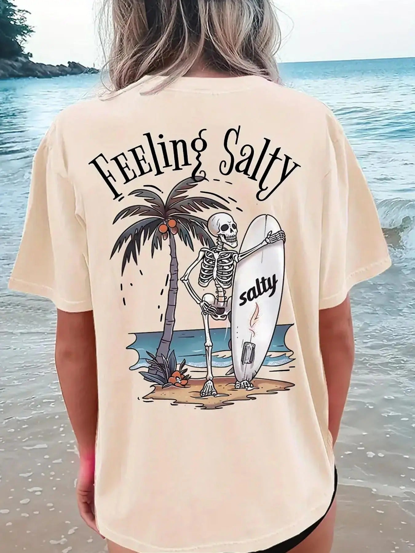 Women's Cartoon Skeleton & Letter Print Round Neck Tee, Trendy Casual Drop Shoulder Short Sleeve T-Shirt for Daily Wear, Ladies Summer Outfit