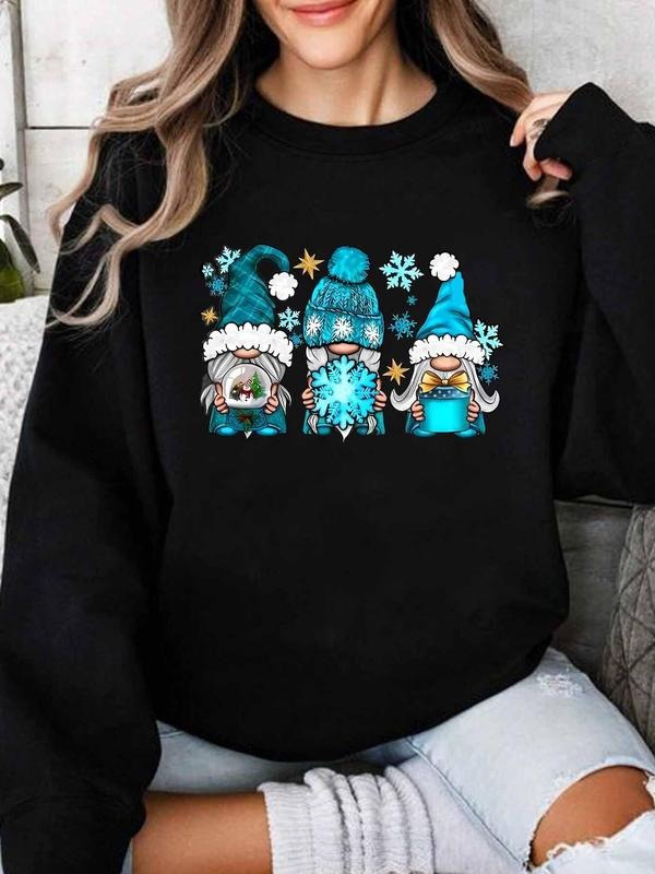 Women's Christmas Gnome Print Drop Shoulder Thermal Lined Sweatshirt, Casual Long Sleeve Round Neck Pullover for Fall & Winter, Ladies Clothes for Daily Wear