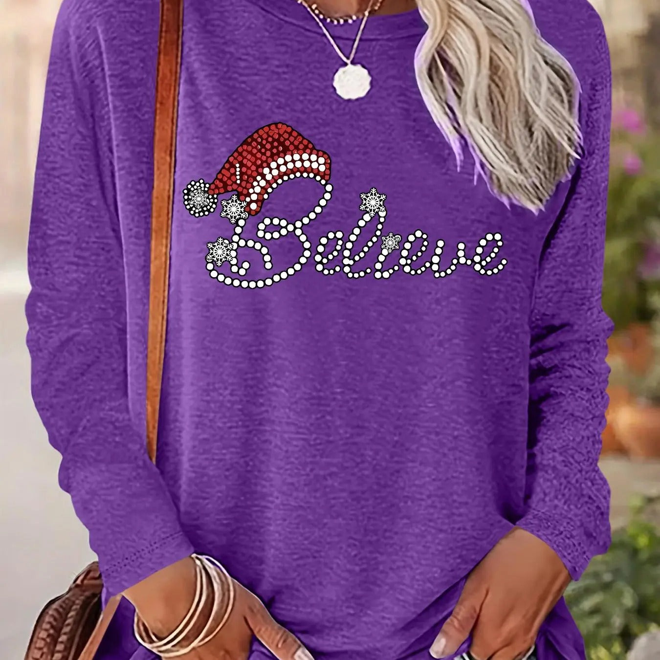 Women's Christmas Letter Print Drop Shoulder Tee, Casual Long Sleeve Round Neck Pullover for Daily Wear, Ladies Fall & Winter Clothesstyle{n002}3