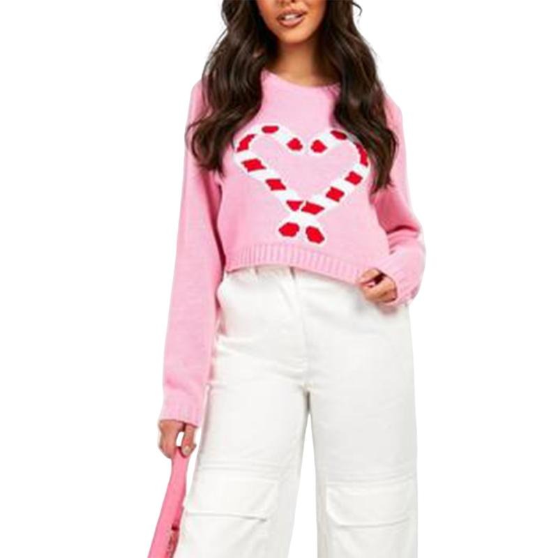 Women's Christmas Sweaters Long Sleeve Round Neck Candy Cane Print Loose Pullovers Knit Tops