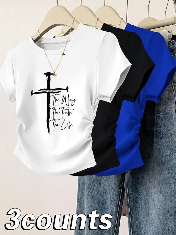 Women's Cross Print Round Neck Tee, Casual Short Sleeve T-shirt for Daily Wear, Ladies Clothes for All Seasons, Top