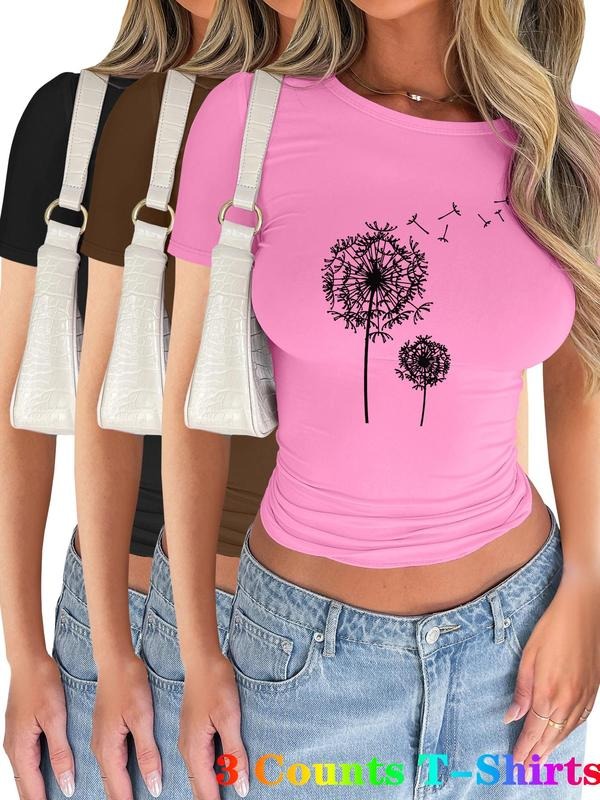 Women's Dandelion Print Short Sleeve Tee, Casual Round Neck T-shirt for Summer, Ladies Clothes for Daily Wear,...