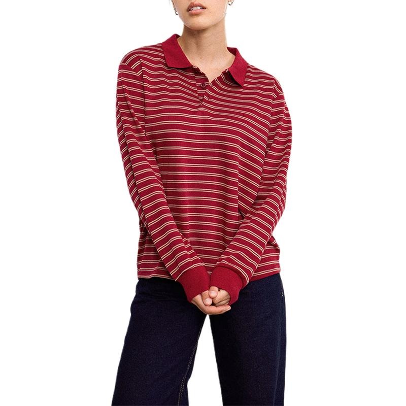 Women's Fall Shirts Loose Fit Cozy Stylish Striped Pattern Button Turn-Down Collar Long Sleeve Tops