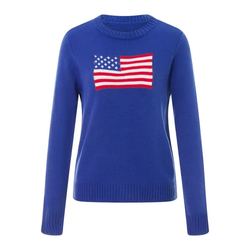 Women's Flag Sweaters Casual Long Sleeve Crew Neck Loose Fit Knit Pullover Jumper Tops Spring Womenswear