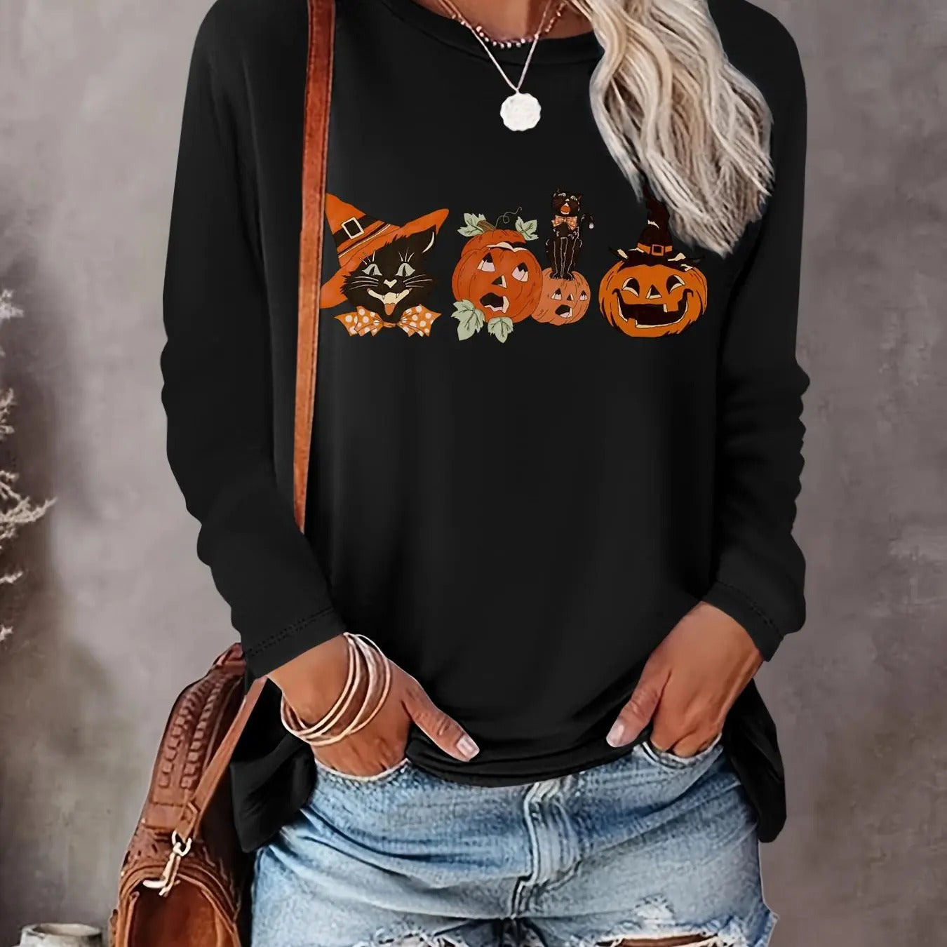 Women's Halloween Print Round Neck Tee, Casual Long Sleeve Crew Neck T-shirts for Daily Wear, Ladies Clothing for All Seasons