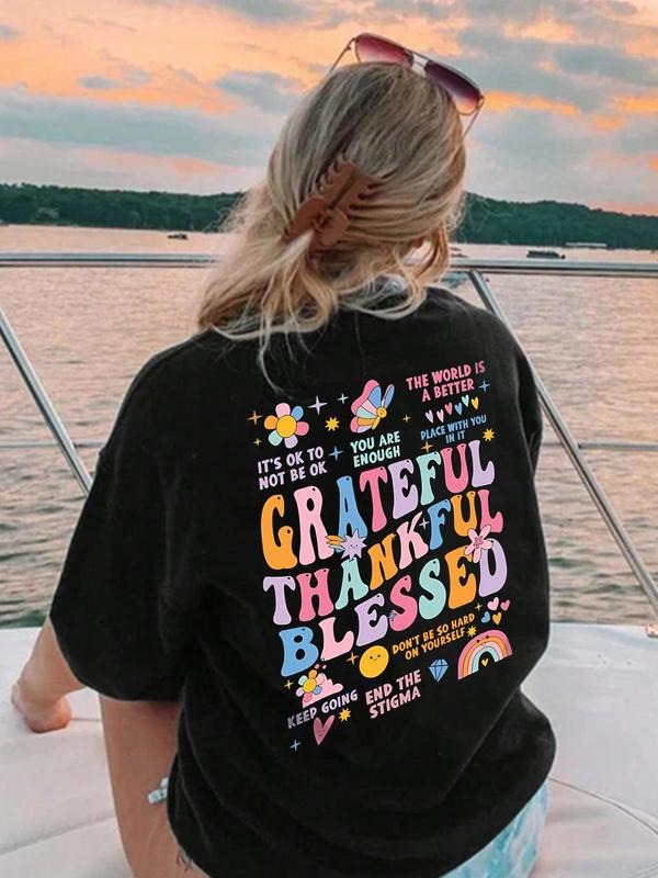 Women's Letter & Floral Print Drop Shoulder Tee, Fashion Casual Crew Neck Half Sleeve T-shirt for Daily Holiday Vacation Outdoor Wear, Ladies Clothes for All Seasons