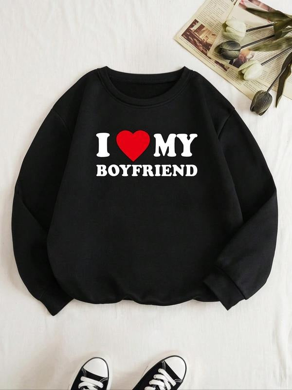 Women's Letter & Heart Print Drop Shoulder Sweatshirt, Comfort Womenswear for Lady, Casual Long Sleeve Crew Neck Pullover...