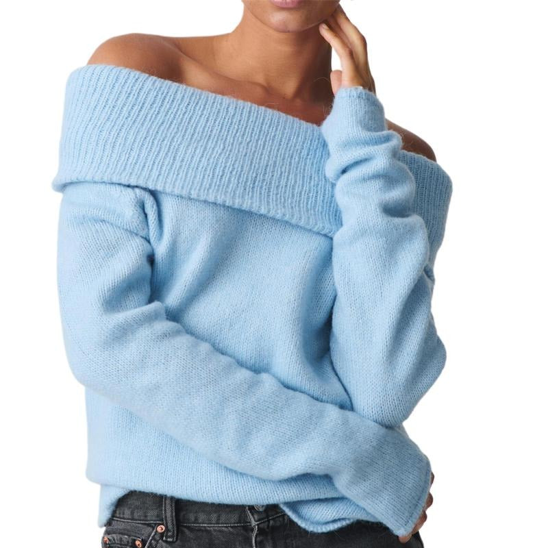 Women's Off Shoulder Crop Sweater Solid Color Boat Neck Long Sleeve Loose Knitwear Pullover