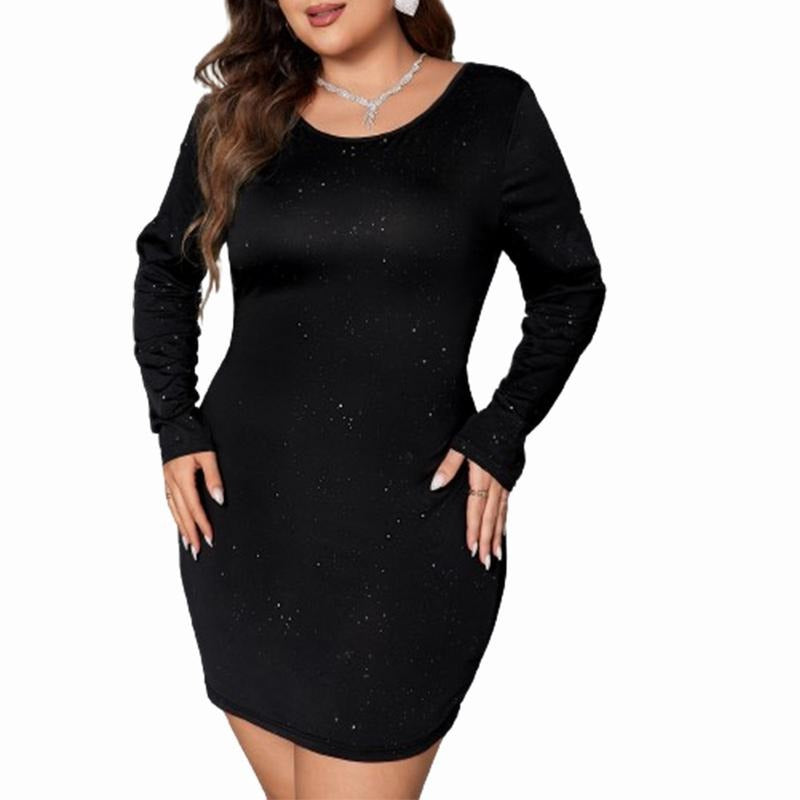 Women's Plus Size Dress Sparkly Bow Back Round Neck Long Sleeve Backless Bodycon Dress for Party Club Formal Lady