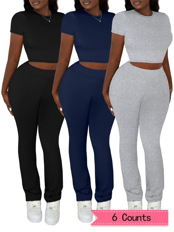 Women's Solid Round Neck Crop Tee & High Waist Leggings Set, Casual Short Sleeve T-shirt & Skinny Pants for Spring & Fall, Women's Clothes for Daily Wear