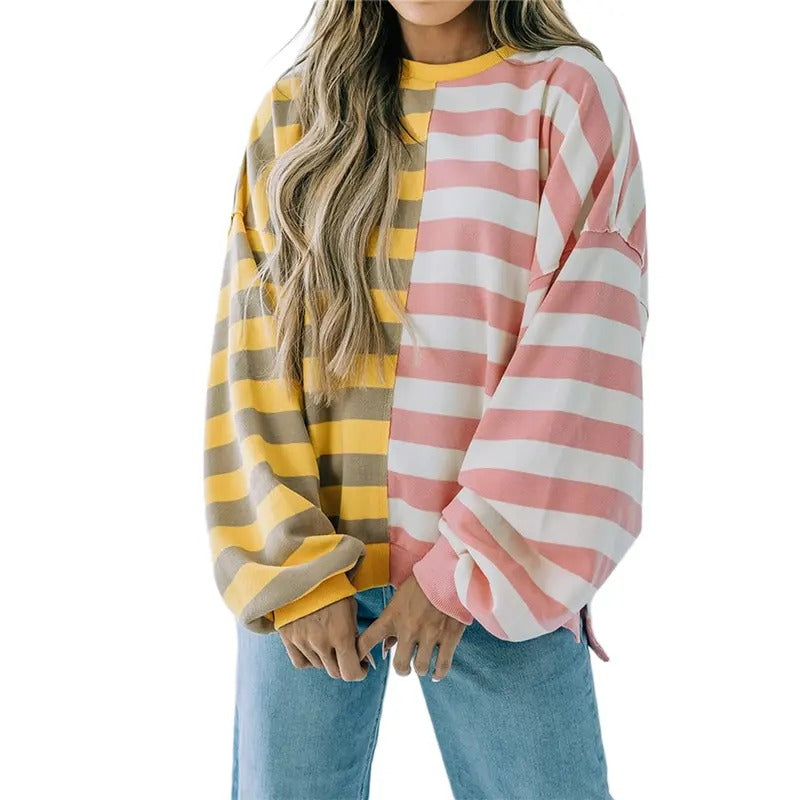 Women's Spring Autumn Loose Sweatshirt Long Sleeve Round Neck Striped Pullover