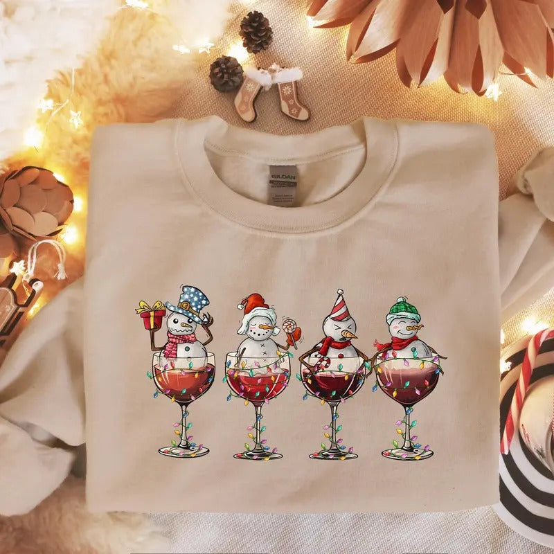 Xmas Wine Sweatshirt, Xmas Spirits Sweatshirt, Christmas Gift, W ine Lover Shirt, Snowmen Wine Shirt, Christmas Glasses Shirt