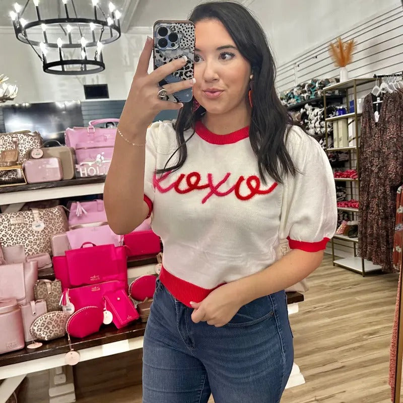Xoxo Puff Sleeve Embroidery Crop Sweater