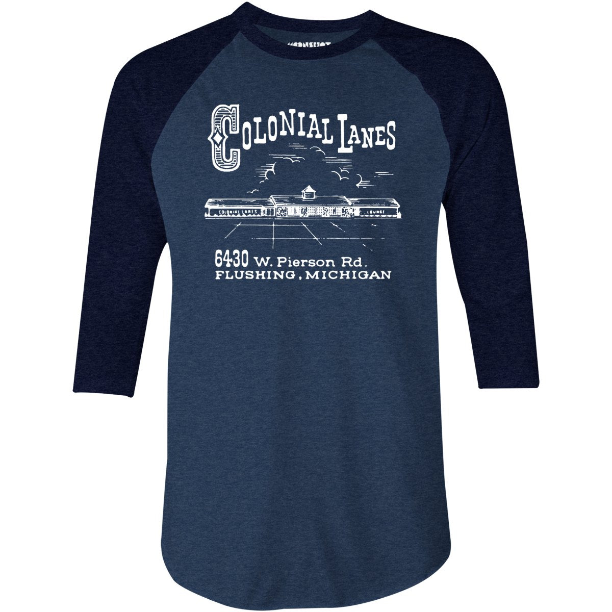 Colonial Lanes - Flushing, MI - Vintage Bowling Alley - 3/4 Sleeve Raglan T-Shirt