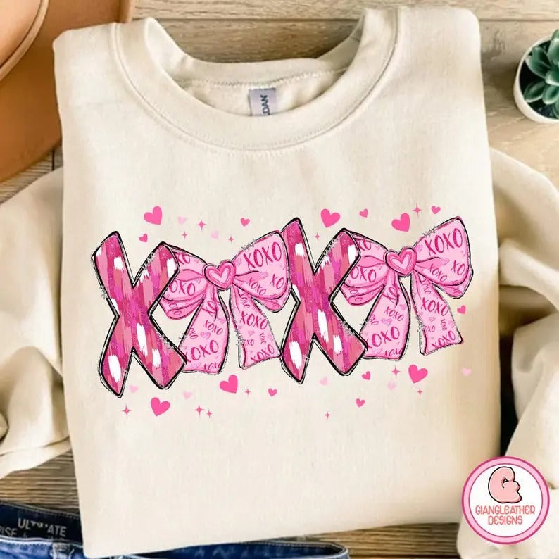 Xoxo coquette Shirt/sweatshirt/hoodie, xoxo tshirt, Heart bows hoodie, pink coquette valentine sweatshirt, Valentine tshirt, brushstroke sweatshirt, Valentines day tshirt, Pink Valentine