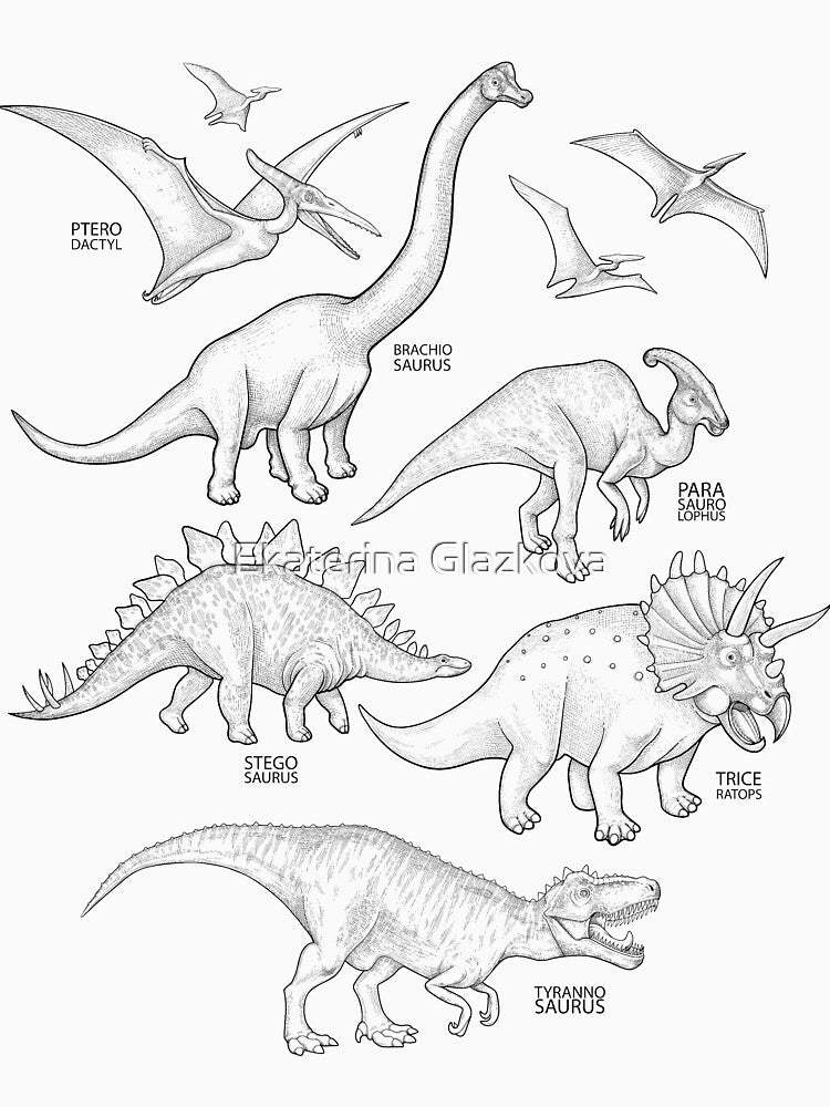 Realistic graphic dinosaurs by Ekaterina Glazkova