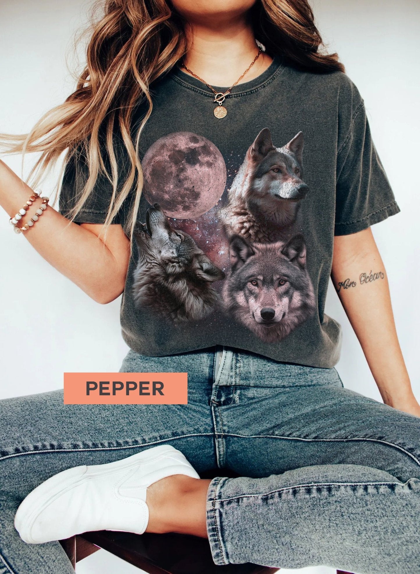 Retro Wolves and The Moon Vintage Graphic Tee.