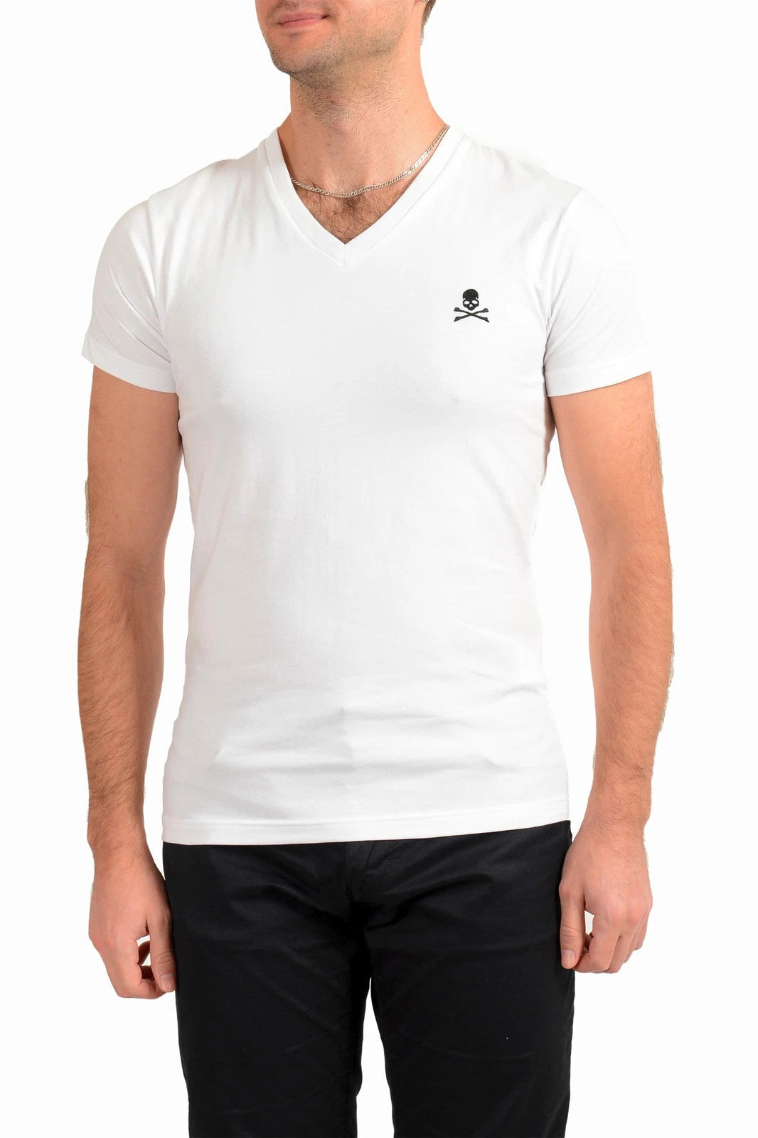 Philipp Plein Men's White Short Sleeve Logo Print V-Neck T-Shirt US M IT 50