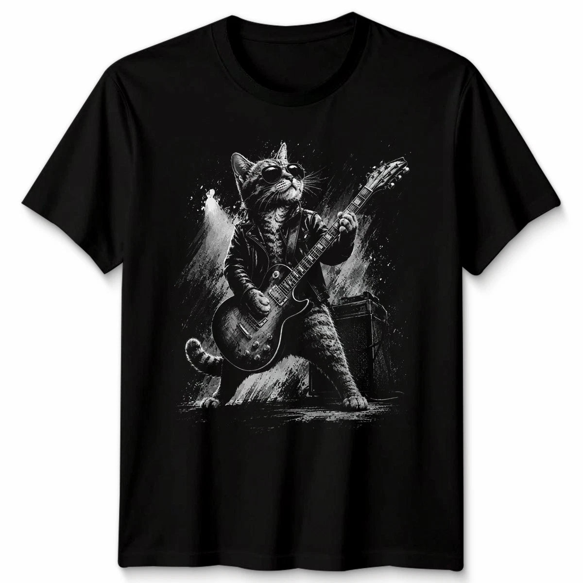 Funny Cat Playing Unisex T Shirt Guitar Rock And Roll Gifts Graphic Tee