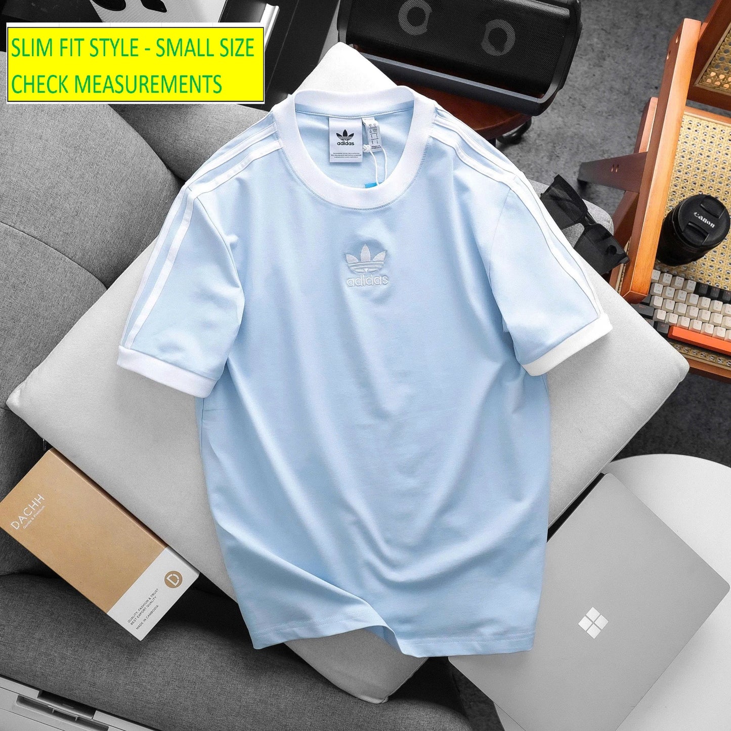 ADIDAS ORIGINALS 3-STRIPES CALIFORNIA Retro Trefoil TEE SHIRT~ SKY BLUE SLIM FIT