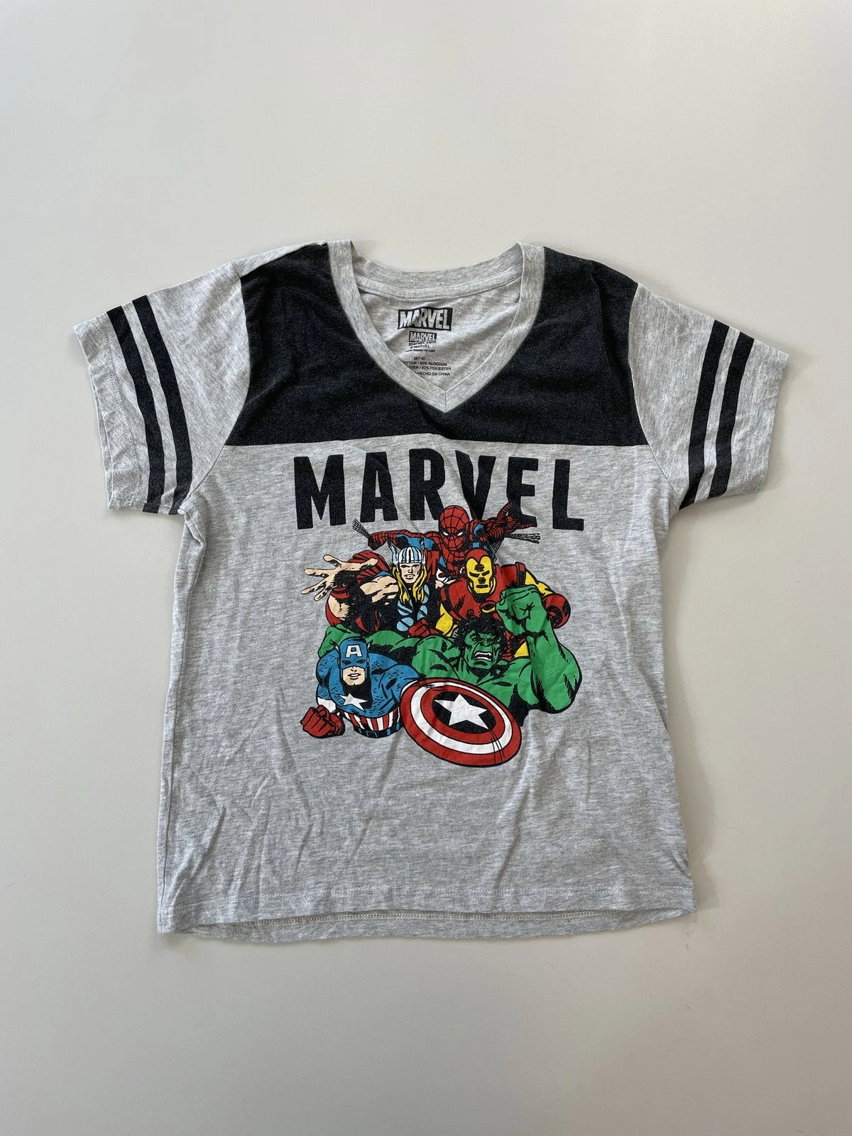 Marvel Avengers Graphic V-Neck T-Shirt Size S Grey Short Sleeve